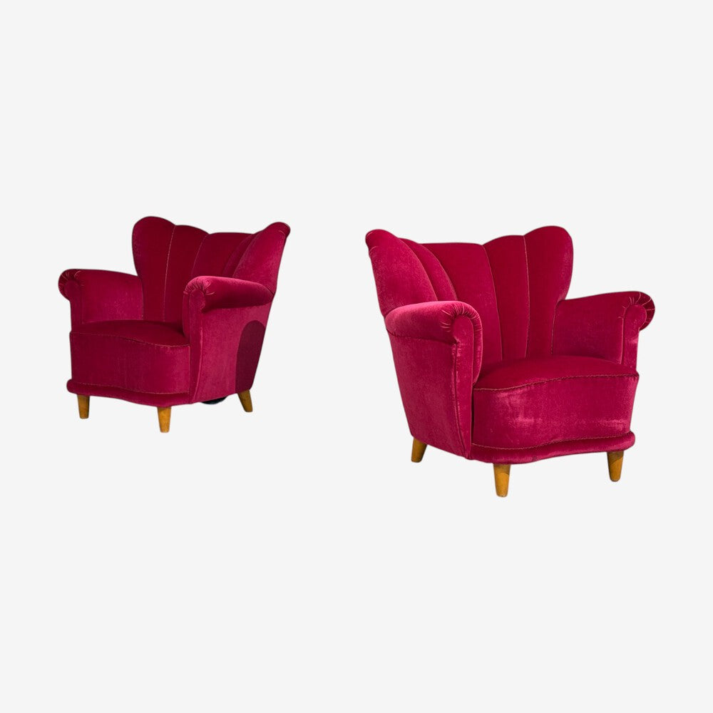 Swedish Cabinetmaker, Lounge Chairs, Red Velvet, Lacquered Wood, Sweden, 1940s