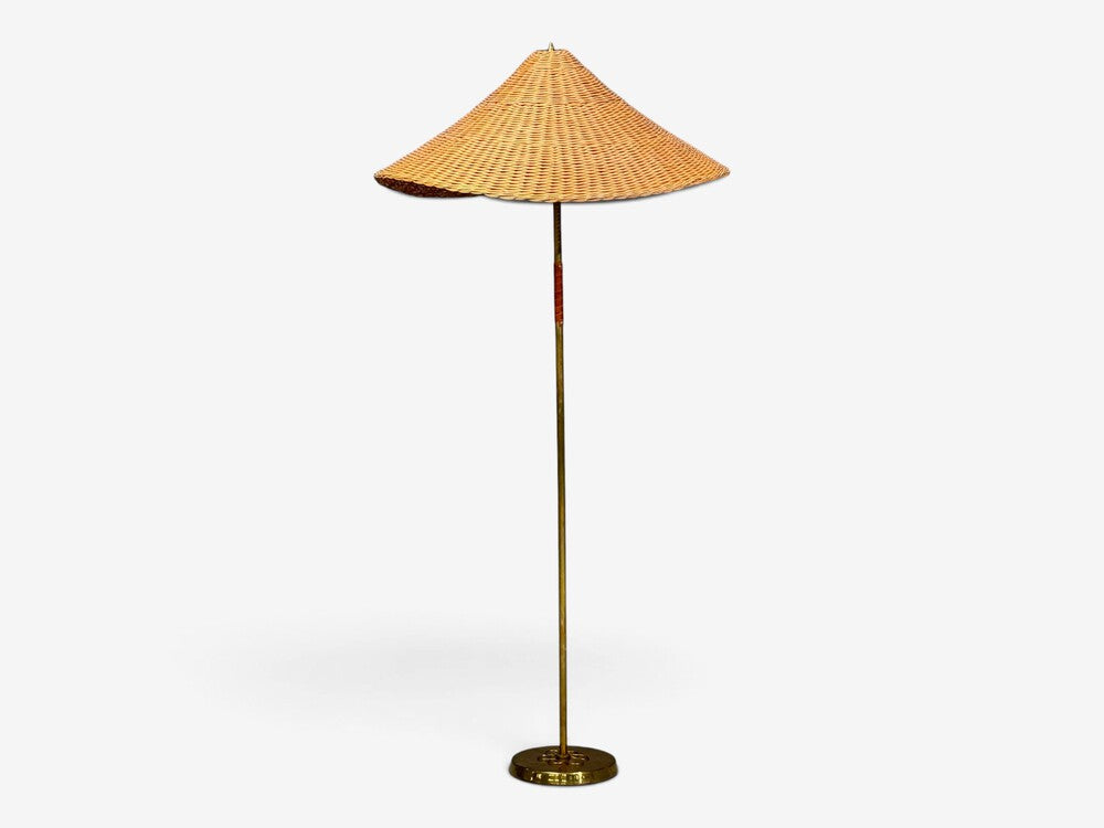 V. Soini Oy, Rare Floor Lamp, Brass, Leather, Rattan, Finland, 1950s