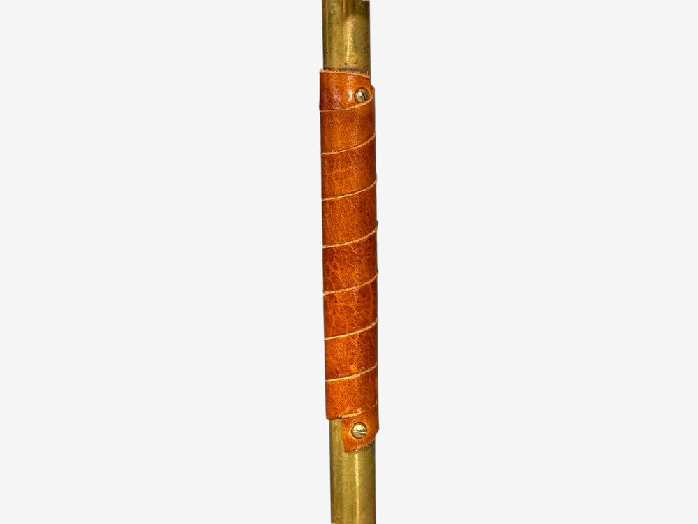 V. Soini Oy, Rare Floor Lamp, Brass, Leather, Rattan, Finland, 1950s