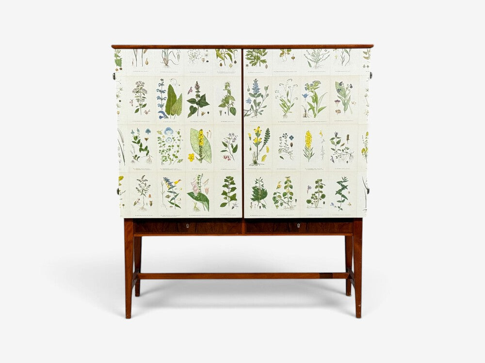 Swedish Modern, Nordens Flora Cabinet, Birch, Floral Lithographs, Sweden, 1940s
