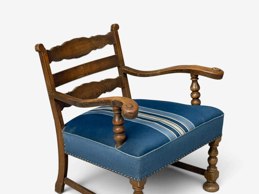 Danish Cabinetmaker, Armchair, Wool, Carved Oak, Denmark, 1920s