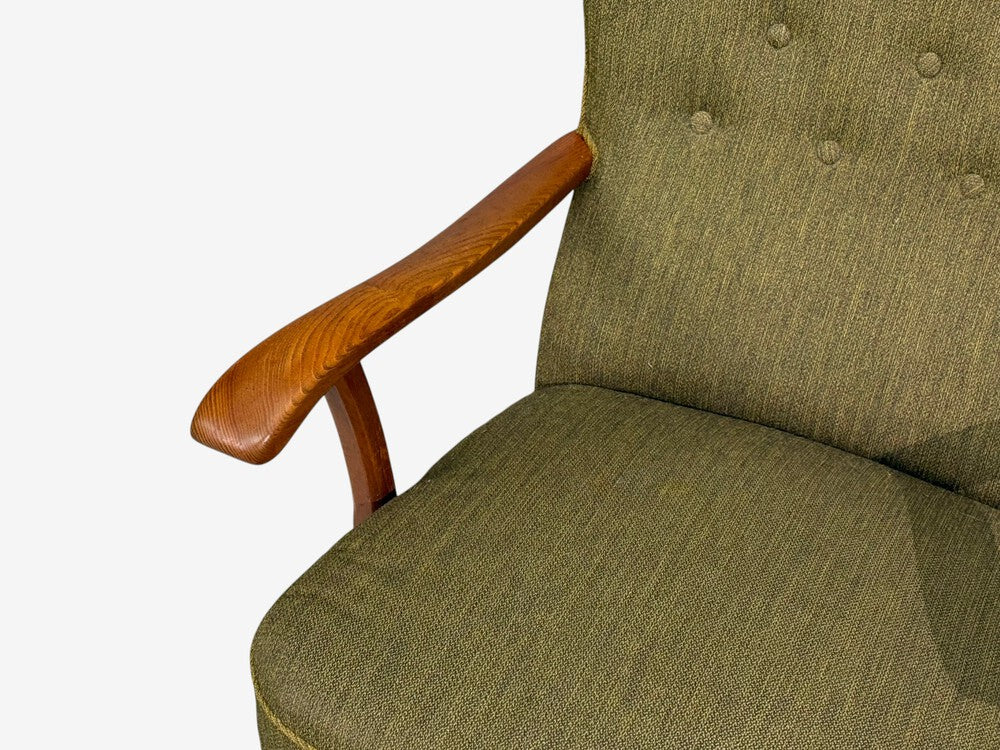 Danish Modern, Highback Lounge Chair, Elm, Wool, Denmark, 1950s