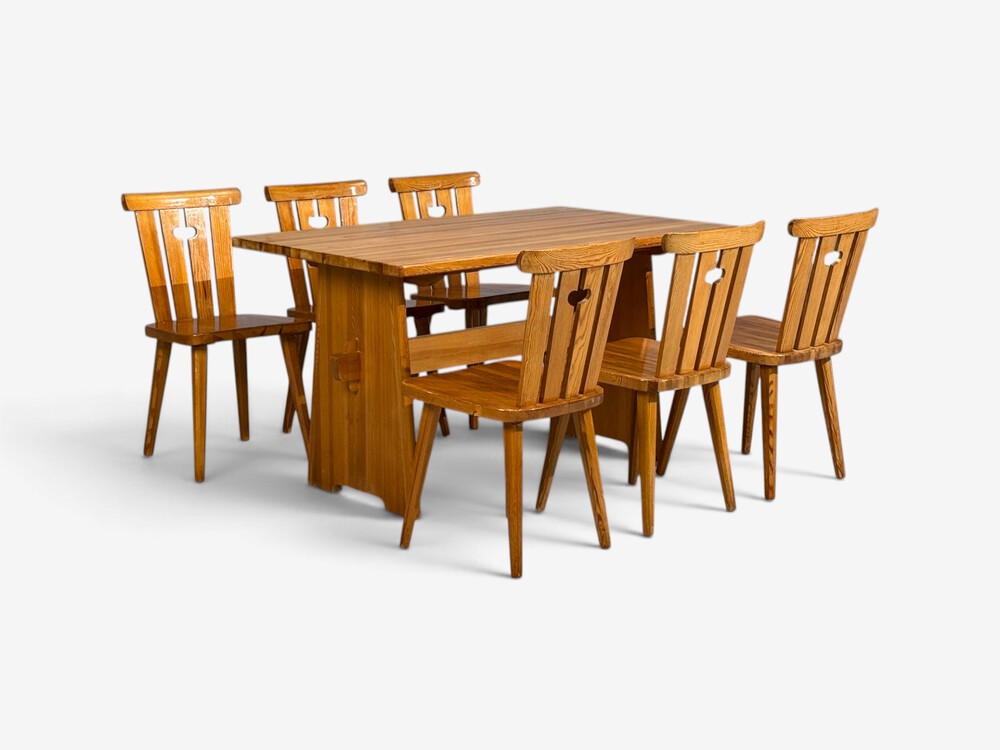 Göran Malmvall, Dining Table and Six Chairs, Pine, Sweden, 1970s