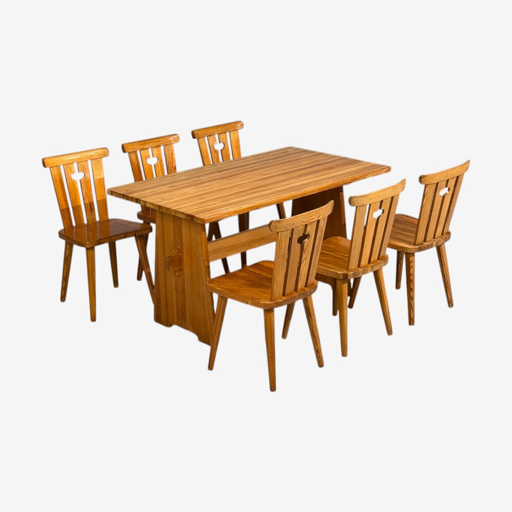 Göran Malmvall, Dining Table and Six Chairs, Pine, Sweden, 1970s