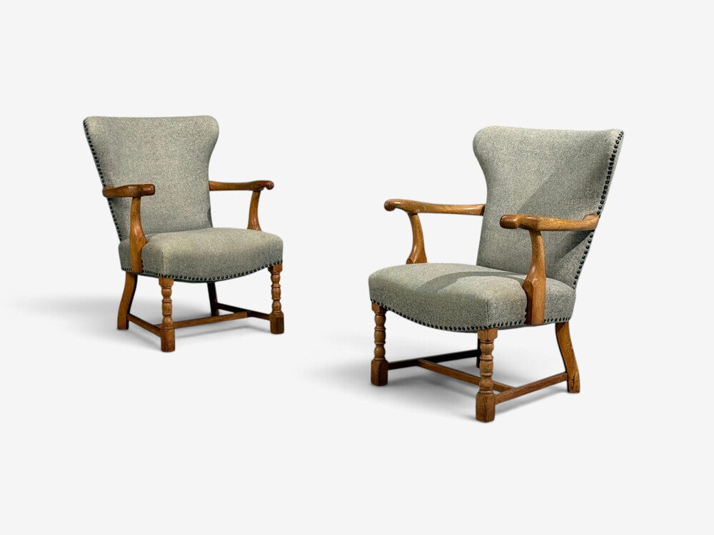 Danish Cabinetmaker, Armchairs, Oak, Gray Wool, Denmark, 1950s