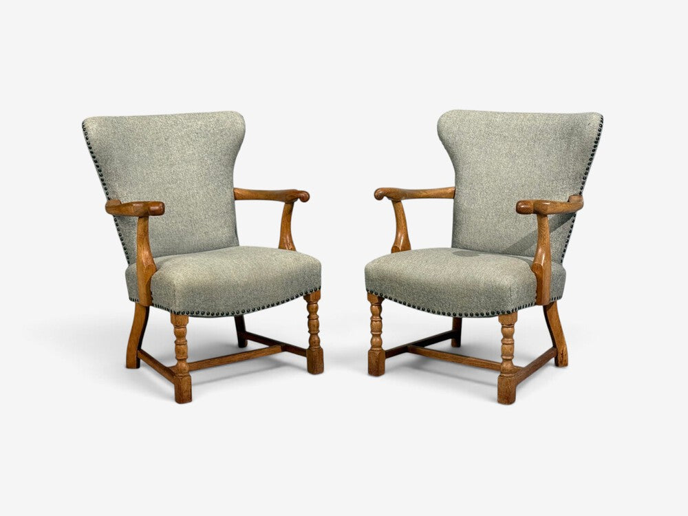 Danish Cabinetmaker, Armchairs, Oak, Gray Wool, Denmark, 1950s
