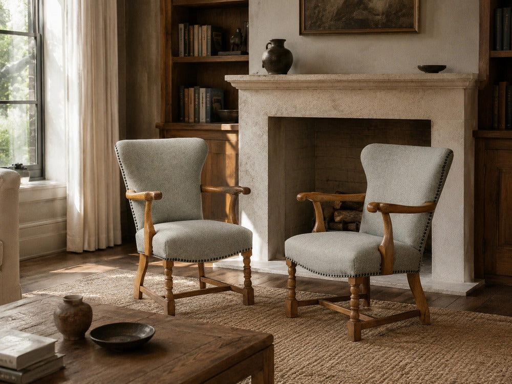 Danish Cabinetmaker, Armchairs, Oak, Gray Wool, Denmark, 1950s