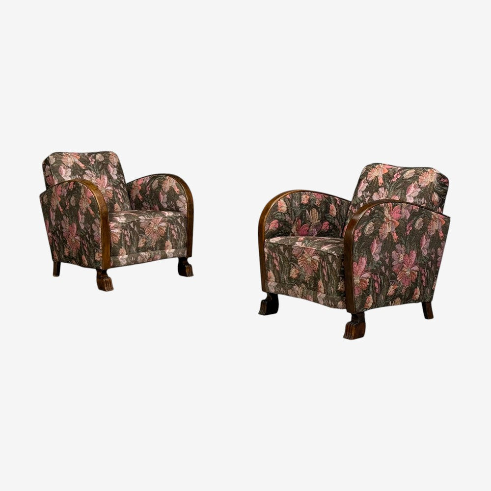Swedish Modern, Art Deco Lounge Chairs, Stained Birch, Fabric, Sweden, 1940s