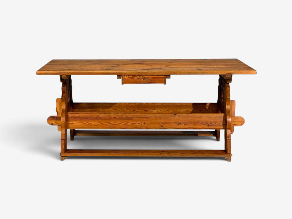 Swedish Modern, Trestle Dining Table, Carved Pine, Sweden, 1950s