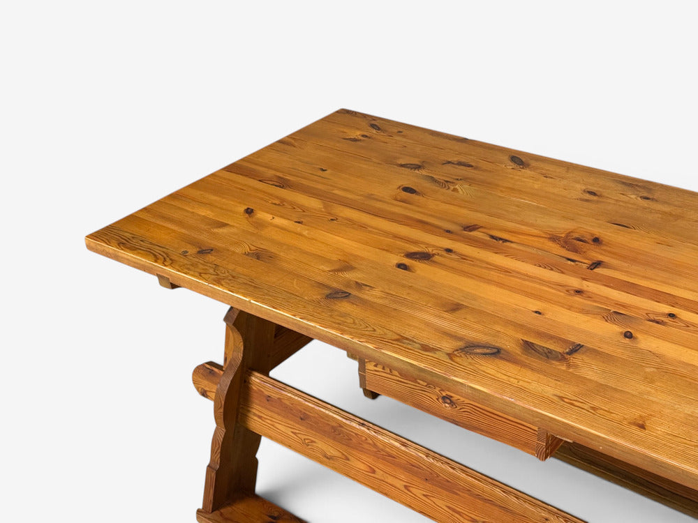 Swedish Modern, Trestle Dining Table, Carved Pine, Sweden, 1950s