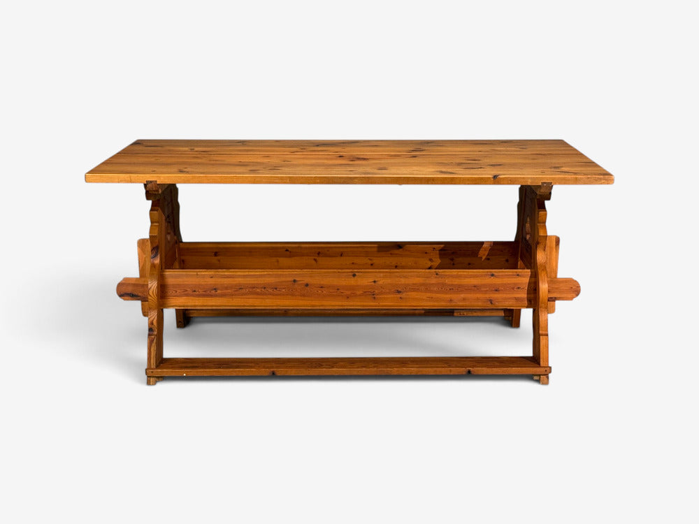 Swedish Modern, Trestle Dining Table, Carved Pine, Sweden, 1950s