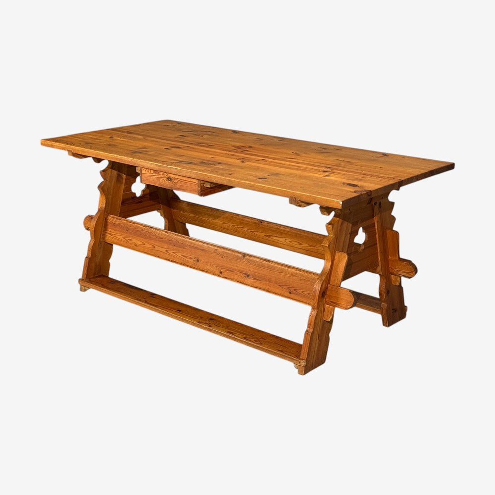 Swedish Modern, Trestle Dining Table, Carved Pine, Sweden, 1950s