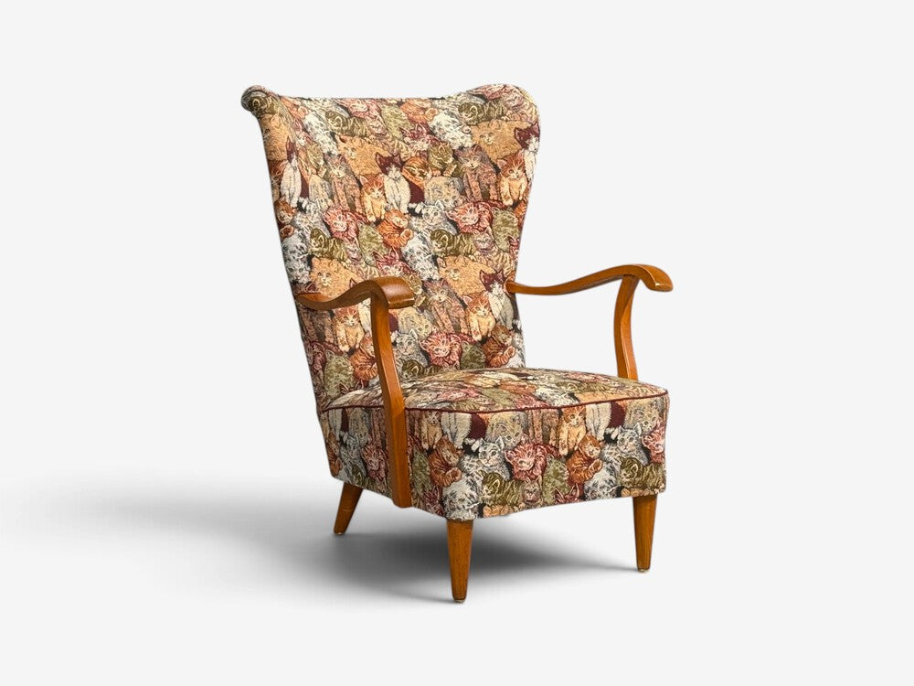 Swedish Modern, Wingback Lounge Chair, Birch, Fabric, Sweden, 1950s