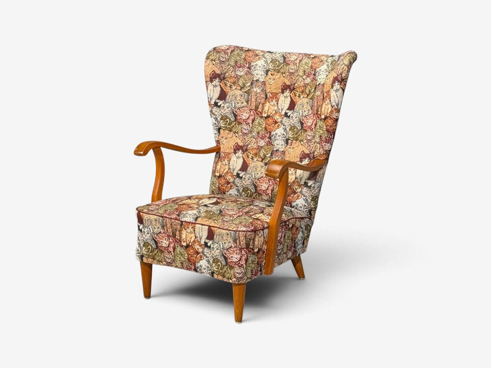 Swedish Modern, Wingback Lounge Chair, Birch, Fabric, Sweden, 1950s