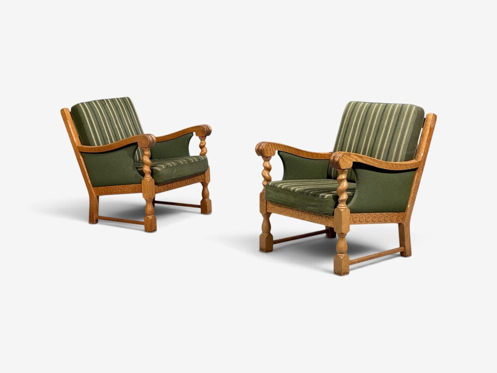 Henning Kjaernulf Style, Lounge Chairs, Oak, Fabric, Denmark, 1970s