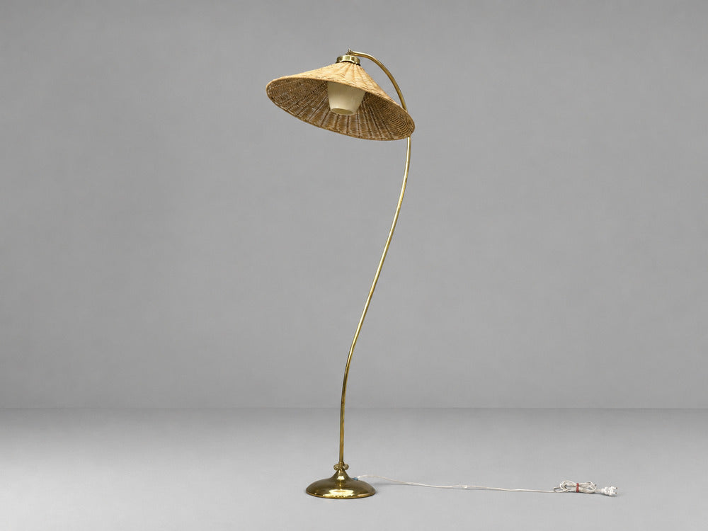 V. Soini Oy, Rare Floor Lamp, Brass, Leather, Rattan, Finland, 1950s