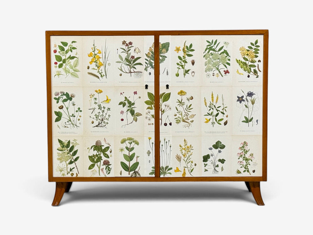 Swedish Modern, Nordens Flora Cabinet, Brass, Floral Lithographs, Sweden, 1930s
