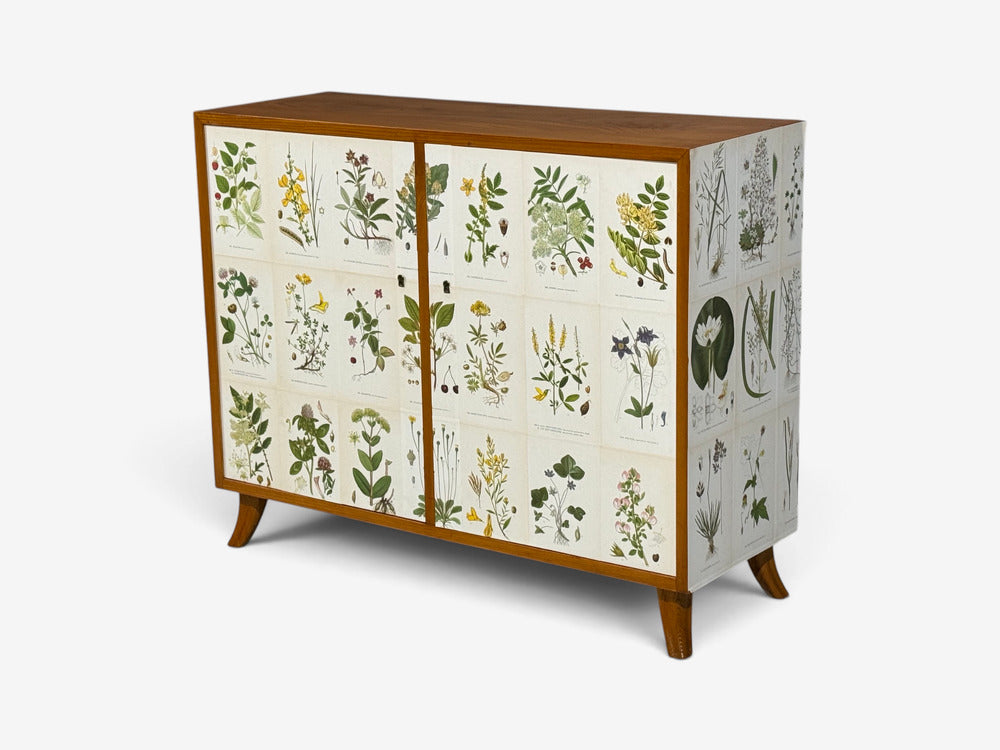 Swedish Modern, Nordens Flora Cabinet, Brass, Floral Lithographs, Sweden, 1930s