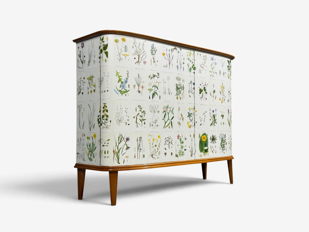 Swedish Modern, Nordens Flora Cabinet, Elm, Floral Lithographs, Sweden, 1940s