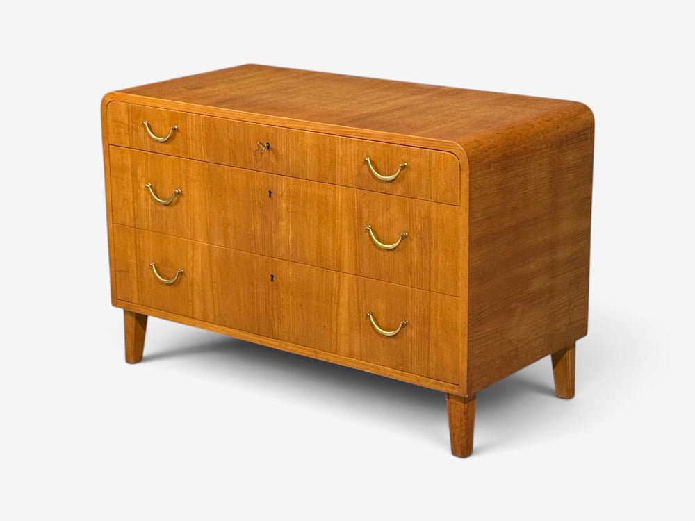 Swedish Modern, Chest of Drawers, Elm, Brass, Sweden, 1940s