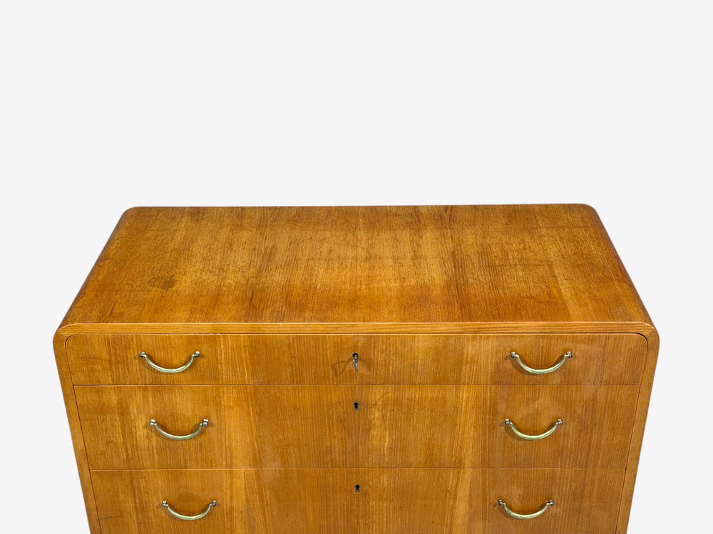 Swedish Modern, Chest of Drawers, Elm, Brass, Sweden, 1940s