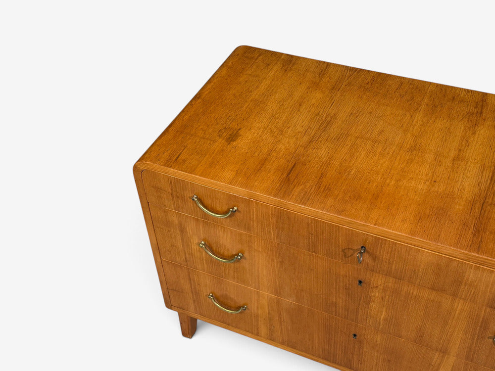 Swedish Modern, Chest of Drawers, Elm, Brass, Sweden, 1940s