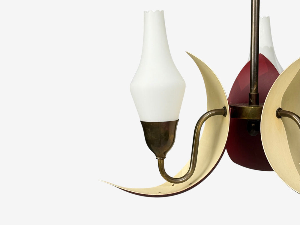 Bent Karlby, Pendant Light, Brass, Red Lacquered Metal, Glass, Denmark, 1950s