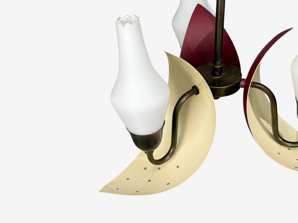 Bent Karlby, Pendant Light, Brass, Red Lacquered Metal, Glass, Denmark, 1950s