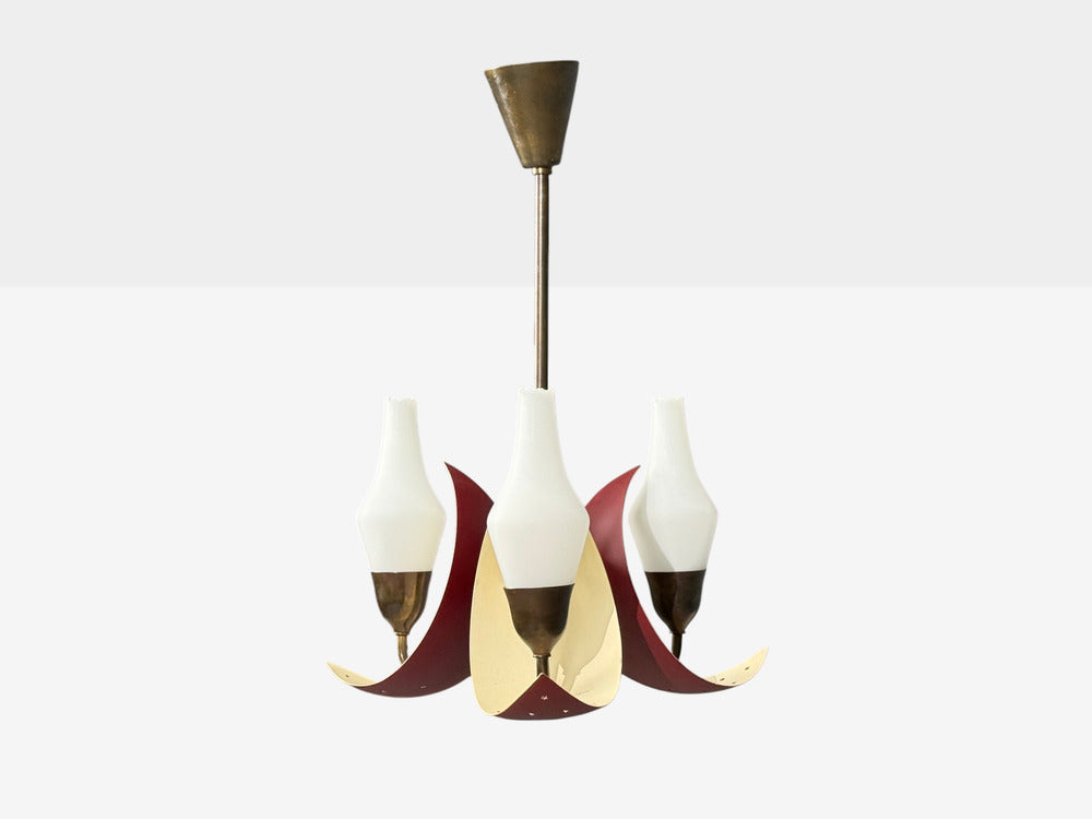 Bent Karlby, Pendant Light, Brass, Red Lacquered Metal, Glass, Denmark, 1950s