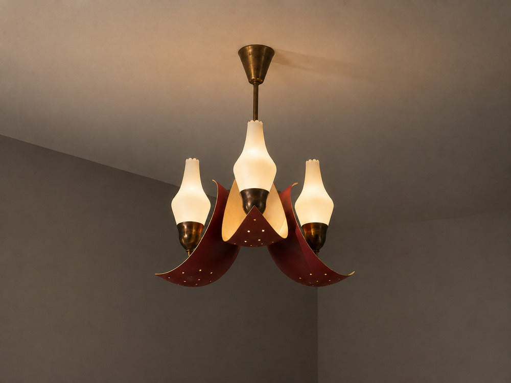 Bent Karlby, Pendant Light, Brass, Red Lacquered Metal, Glass, Denmark, 1950s