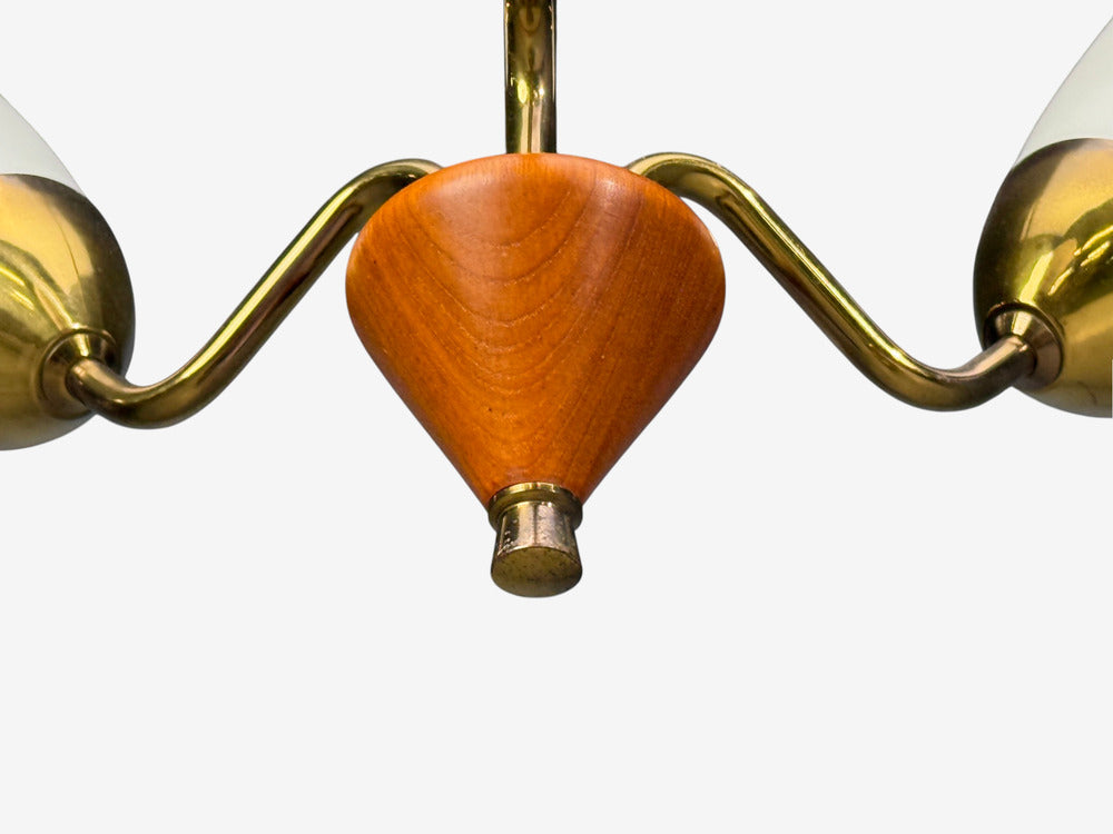 Swedish Modern, Pendant Light, Brass, Glass, Teak, Sweden, 1950s