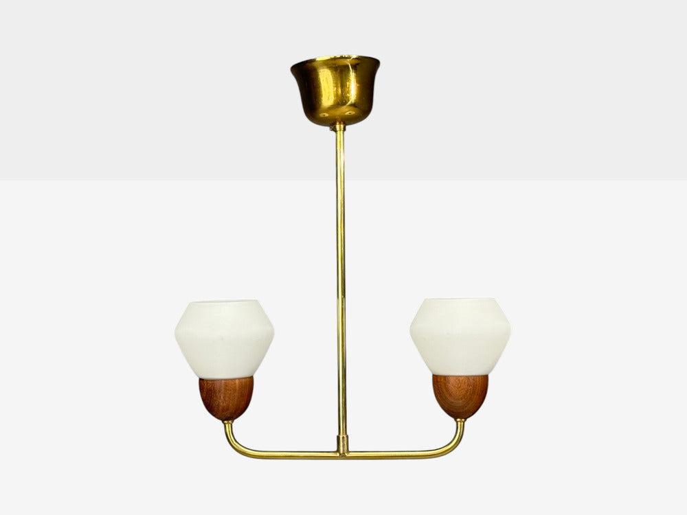Swedish Modern, Pendant Light, Teak, Opal Glass, Brass, Sweden, 1960s