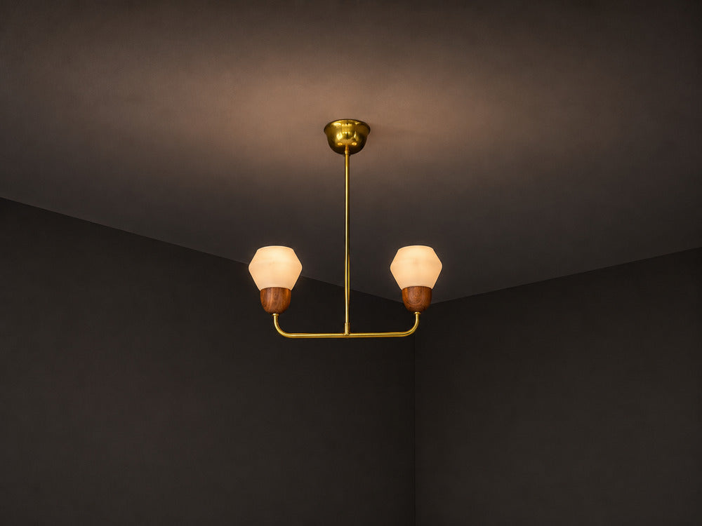 Swedish Modern, Pendant Light, Teak, Opal Glass, Brass, Sweden, 1960s