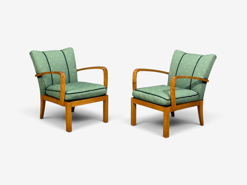 Swedish Modern, Lounge Chairs, Hardwood, Fabric, Sweden, 1940s