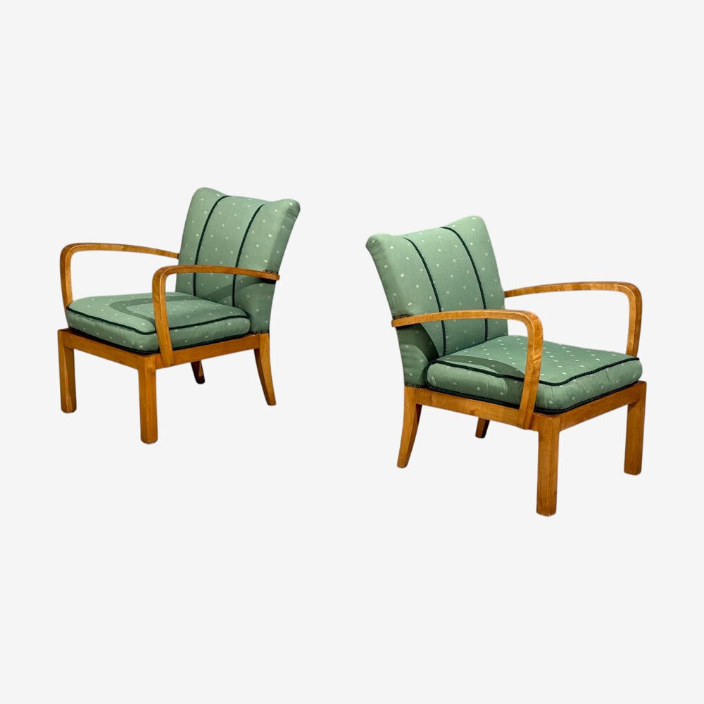 Swedish Modern, Lounge Chairs, Hardwood, Fabric, Sweden, 1940s