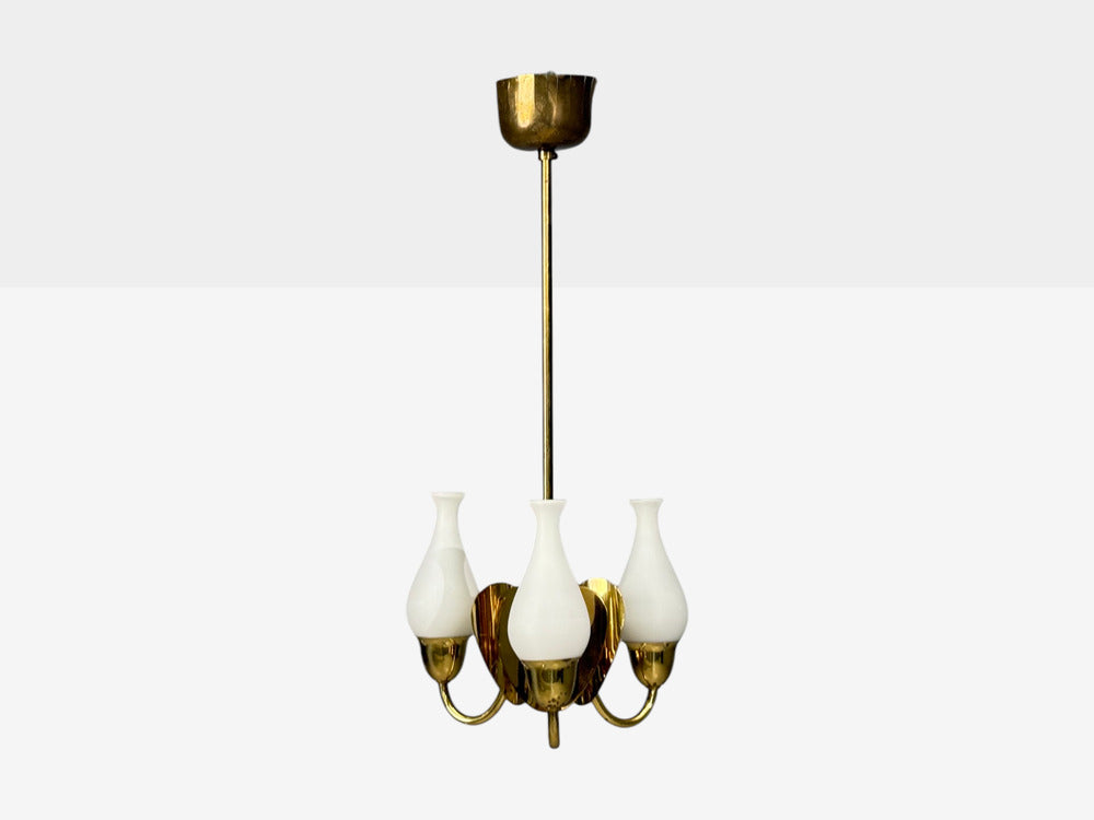 Danish Moden, Pendant Light, Polished Brass, Opal Glass, Denmark, 1950s