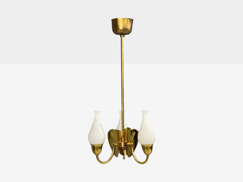 Danish Moden, Pendant Light, Polished Brass, Opal Glass, Denmark, 1950s