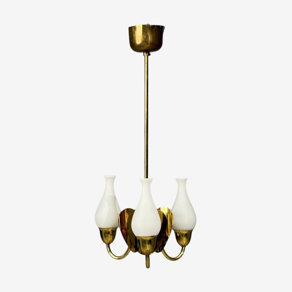 Danish Moden, Pendant Light, Polished Brass, Opal Glass, Denmark, 1950s