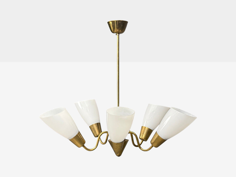 Itsu, Finnish Modern, Chandelier, Brass, Glass, Finland, 1940s