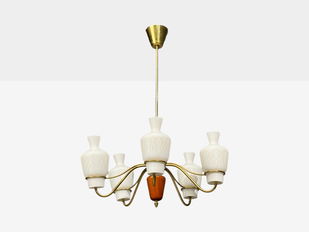 Swedish Modern, Chandelier, Brass, Mahogany, Glass, Sweden, 1940s