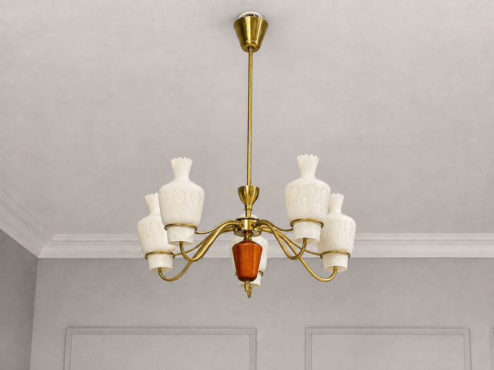 Swedish Modern, Chandelier, Brass, Mahogany, Glass, Sweden, 1940s