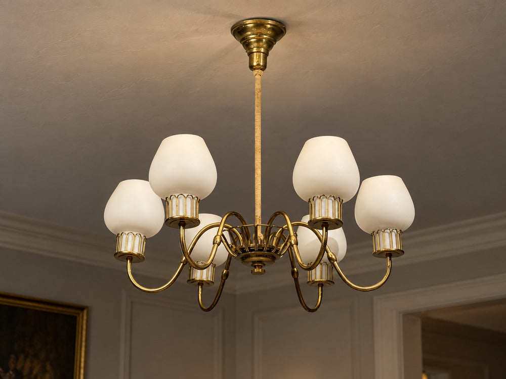 Danish Modern, Chandelier, Brass, String, Glass, Denmark, 1960s