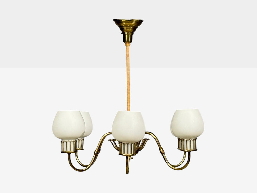 Danish Modern, Chandelier, Brass, String, Glass, Denmark, 1960s