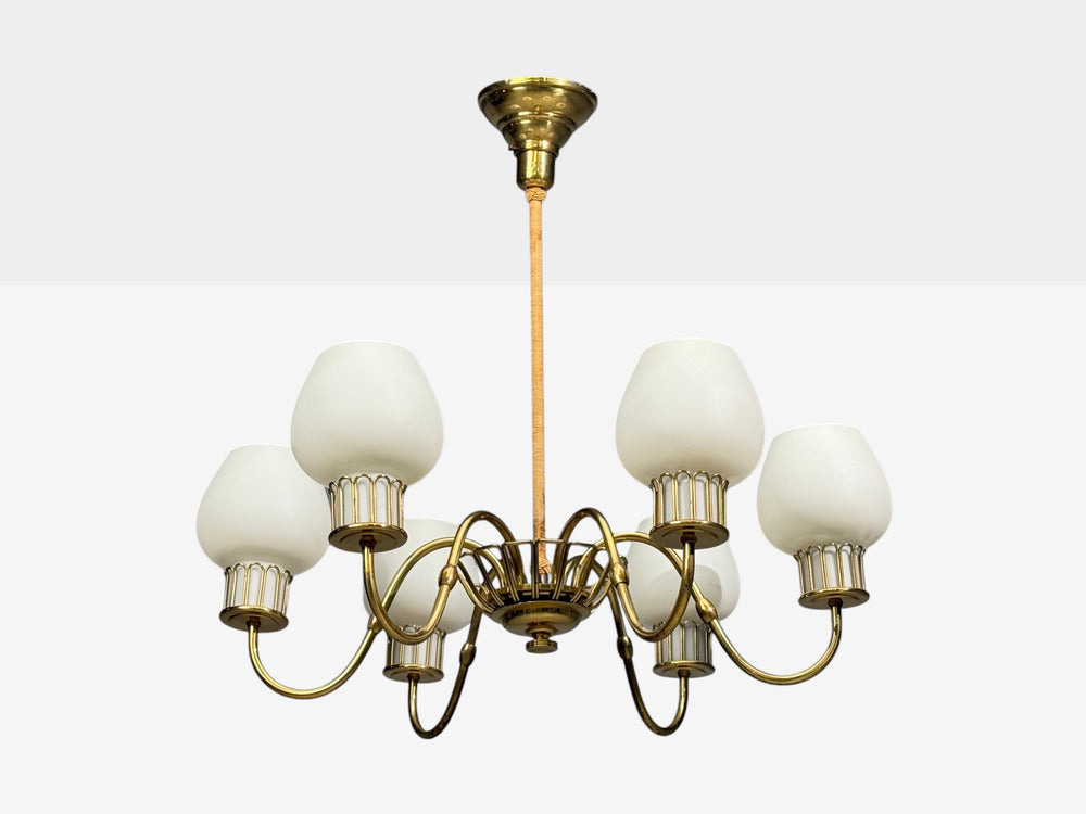 Danish Modern, Chandelier, Brass, String, Glass, Denmark, 1960s