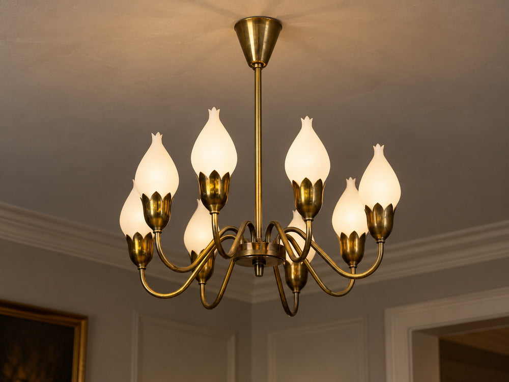 Fog & Mørup, Tulip Chandelier, Opal Glass, Brass, Denmark, 1950s