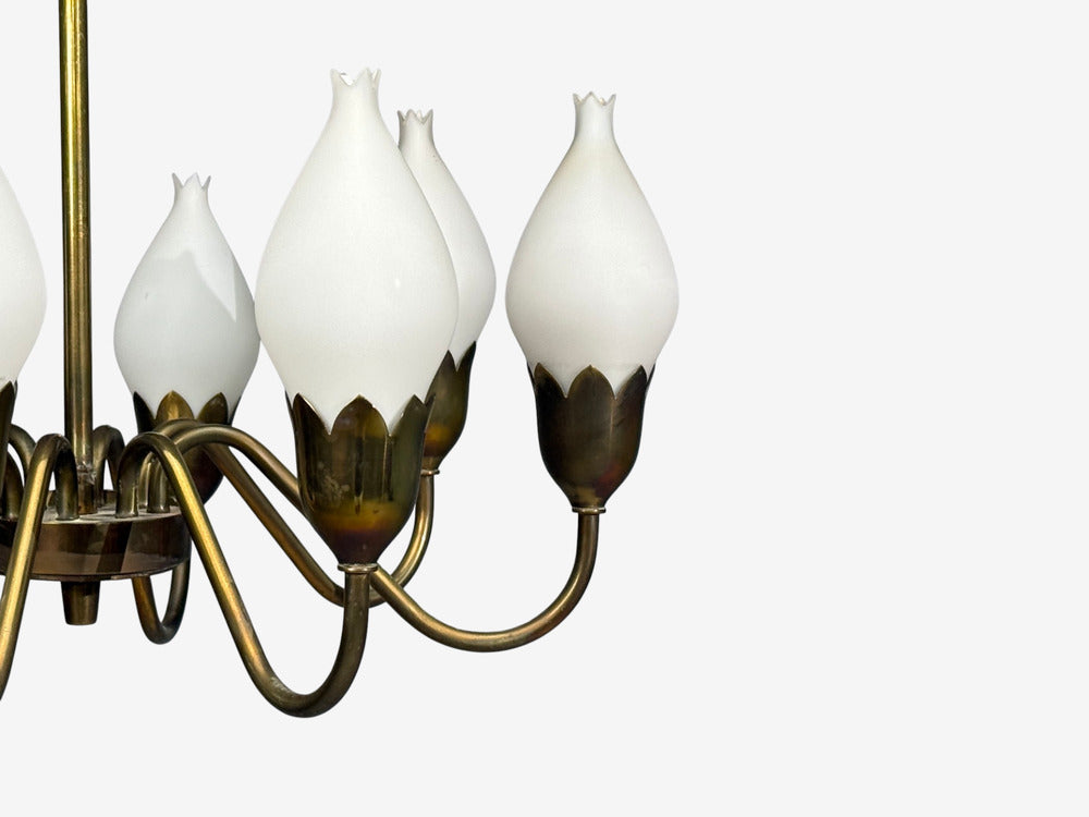 Fog & Mørup, Tulip Chandelier, Opal Glass, Brass, Denmark, 1950s