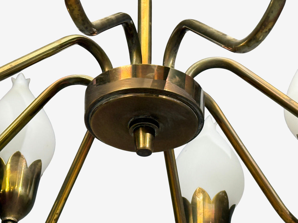 Fog & Mørup, Tulip Chandelier, Opal Glass, Brass, Denmark, 1950s
