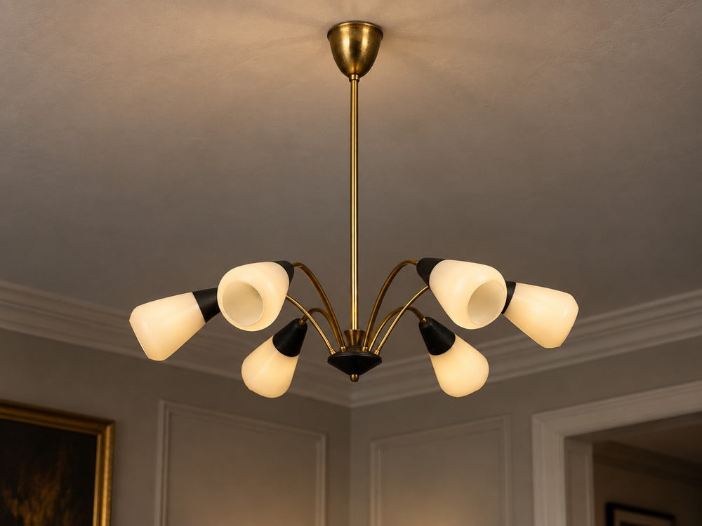 Sputnik Style, Chandelier, Brass, Enameled Metal, Glass, Germany, 1960s