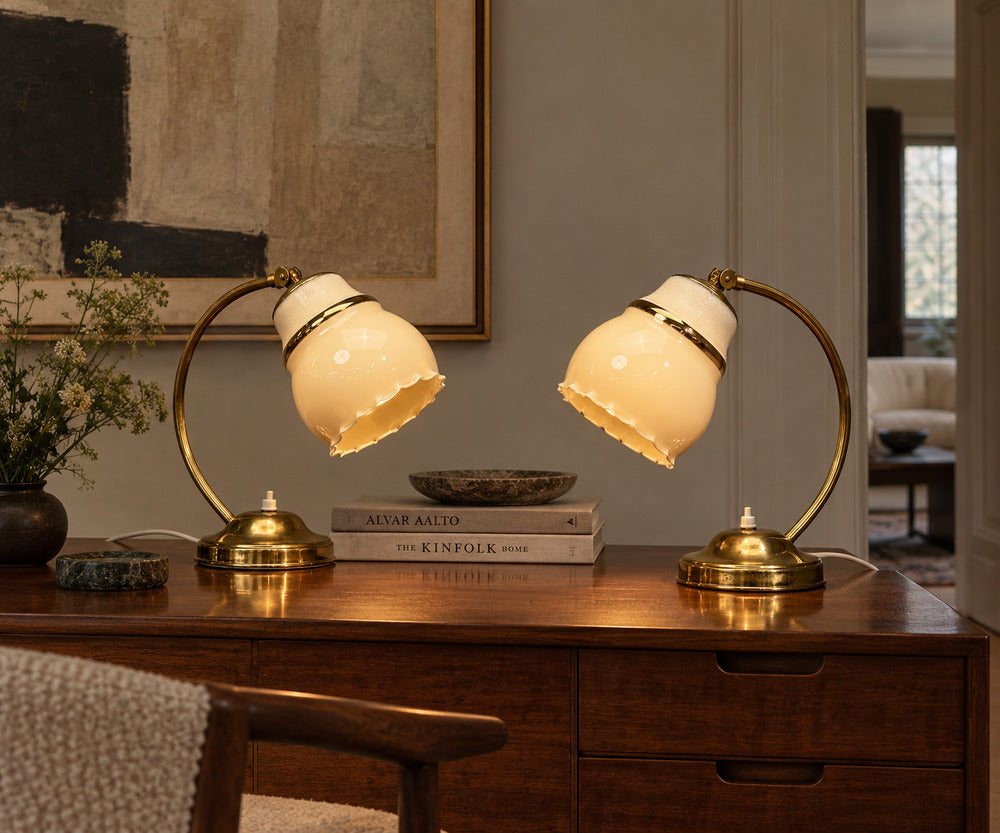 Itsu Oy, Table Lamps, Polished Brass, Glass, Finland, 1950s