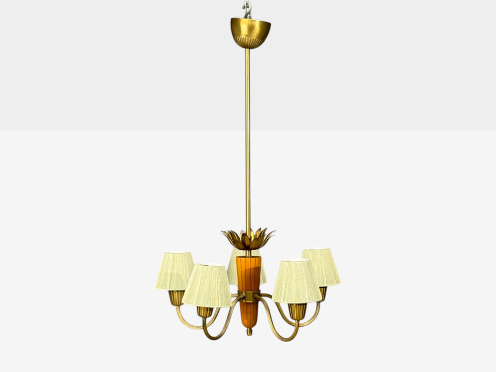 ASEA, Chandelier, Brass, Elm, Fabric, Sweden, Sweden, 1947